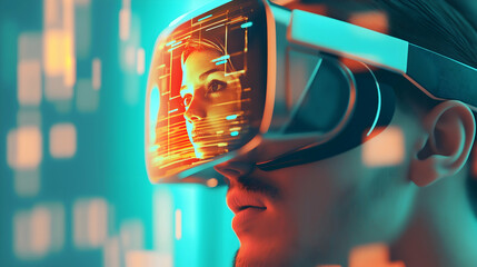 A person wearing a futuristic VR headset, immersed in a digital world, with vibrant colors and data visualizations surrounding them.