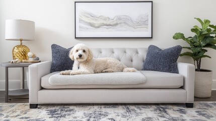 A pet-friendly minimalist home with neutral tones, cozy pet beds, and elegant decor