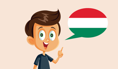 Little Boy Speaking Hungarian language Vector Cartoon Character . Cheerful student learning a foreign language 
