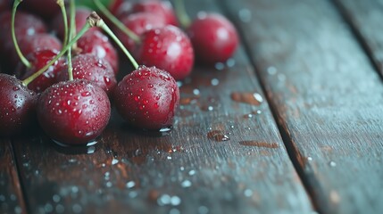 Ripe Red Cherries on Dark Wooden Background