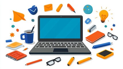 Laptop surrounded by colorful stationery, representing creativity and productivity