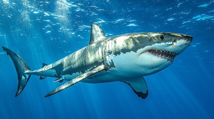 Fototapeta premium Diver, equipped with scuba gear, swims gracefully through crystal clear waters, surrounded by vibrant marine life. Bubbles trail, reflecting sunlight as they ascend to the surface