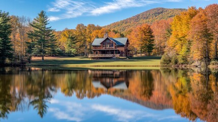 Fototapeta premium A scenic autumn landscape featuring a house by a pond surrounded by colorful trees.