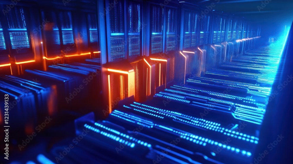 Poster Futuristic Data Center with Translucent Server Racks and Ambient Light Concept of Cloud Computing and Big Data Management