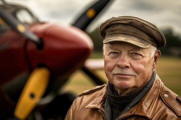 Elderly man in leather jacket poses near vintage airplane