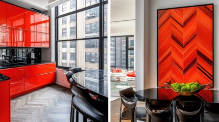 A sleek, modern space with bold red cabinets, black countertops, and vibrant orange herringbone tiles