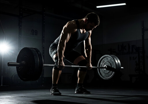 eak Performance: Intense Deadlift Routine in a Moody Gym. Highlighting the power and focus required in advanced weightlifting, perfect for fitness and health-related content.