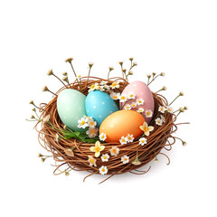 Fototapeta premium The style is modern and it is a detailed illustration Three Easter eggs in a nest on a white background are entwined with small flowers