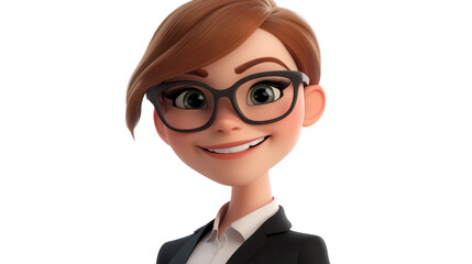 Professional animated character with stylish glasses dressed in formal attire smiling confidently