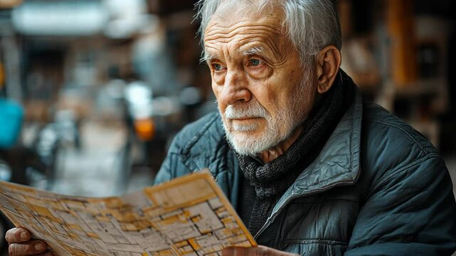 An older man is looking at a map, possibly trying to find his way. He is wearing a black jacket and he is focused on the map