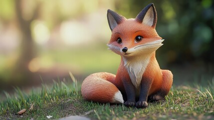 Fototapeta premium Adorable Fox Figurine: A charming, cartoonish red fox figurine sits serenely on a patch of green grass, bathed in soft, warm sunlight.