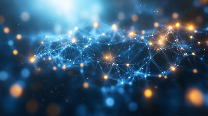 Global business network with glowing nodes and lines, symbolizing modern corporate connectivity and innovation.