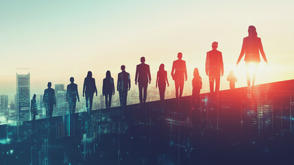 Professional business team working on a project together in the office Using innovation economic growth charts and network connections to accompany the data. in analyzing future trends