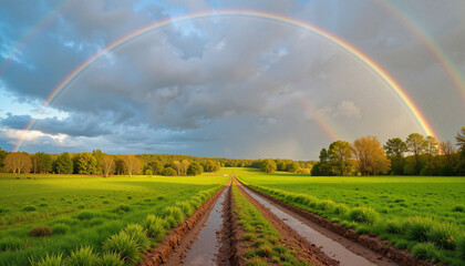 Naklejka premium Rainbow above muddy road in green countryside