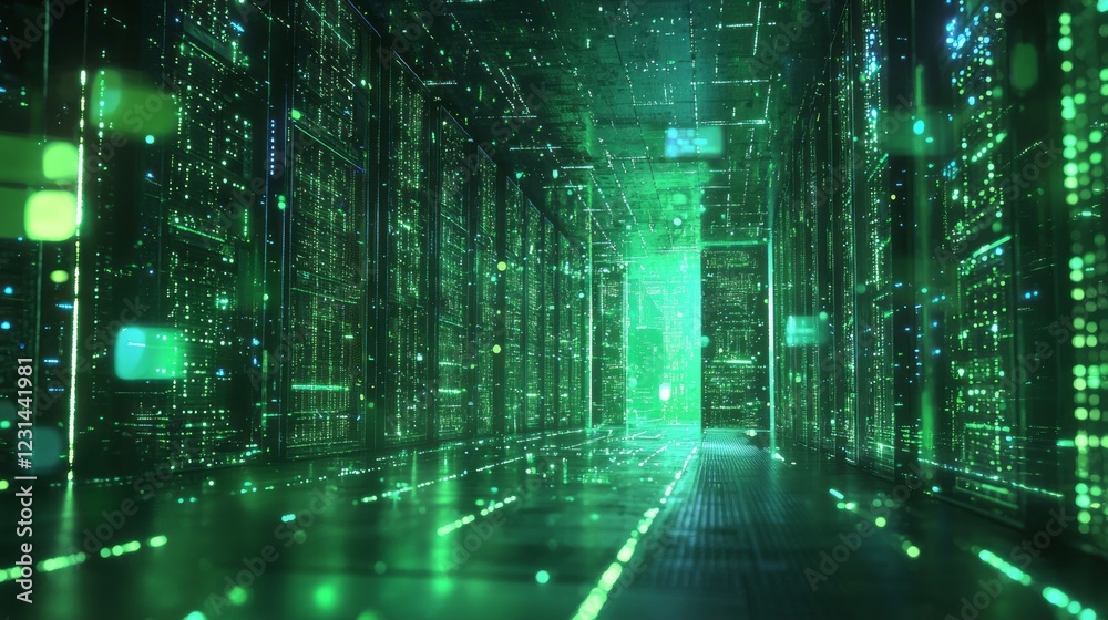 Poster A dynamic corridor pulsates with green data streams, creating an immersive digital environment. Lights flicker and patterns shift, embodying the heartbeat of a high-tech future