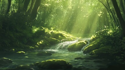 Sunlit forest stream, mossy rocks, peaceful nature scene, idyllic background for relaxation