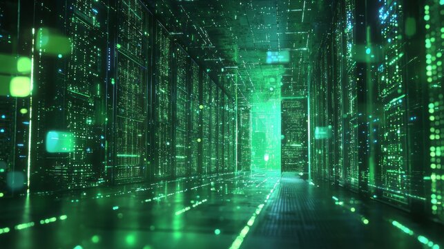 A dynamic corridor pulsates with green data streams, creating an immersive digital environment. Lights flicker and patterns shift, embodying the heartbeat of a high-tech future