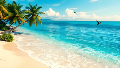 Naklejka premium Tranquil Tropical Getaway: Serene Beach Scene with Palm Trees and Azure Waters