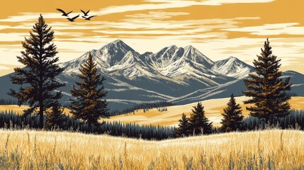 Obraz premium Majestic snow-capped mountains overlooking a golden field at sunset