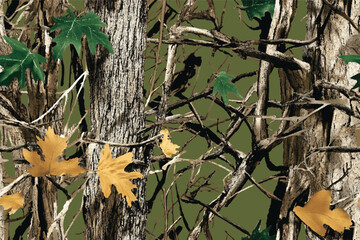 Autumn Forest Camouflage with Branches, Leaves, and Shadows