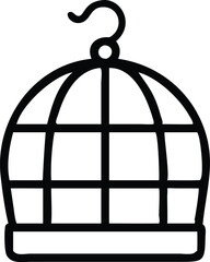 Bird cage, minimalist design, black outline, curved top, hook, simple illustration, white background, iconic symbol, pet accessory, containment, freedom concept, clean lines, vector graphic style, sym