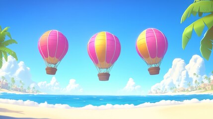 Obraz premium Three vibrant hot air balloons float over a tropical beach paradise
