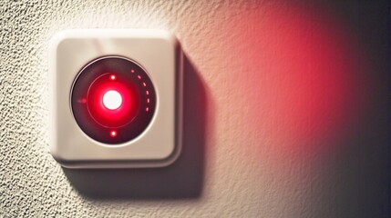 Close-up of a carbon monoxide detector with red alert light on a white wall, emphasizing safety and home security, essential for household protection and emergency preparedness.