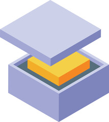 Golden parcel inside opened parcel locker, isometric view, suggesting secure delivery and storage of valuable goods
