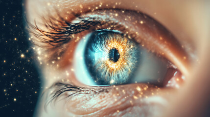 Macro close-up of a woman's eye reflecting a galaxy in gold and blue hues, creating a mesmerizing, surreal effect perfect for astronomy and spirituality projects