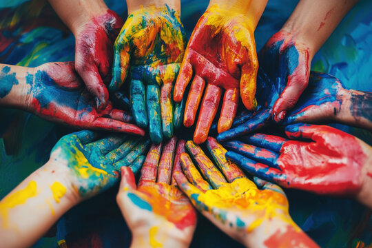 Hands covered in colorful paint create a vibrant display of creativity and collaboration during an outdoor art session