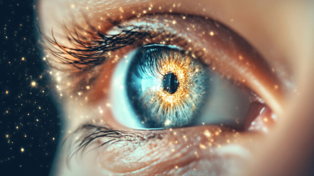 Macro close-up of a woman's eye reflecting a galaxy in gold and blue hues, creating a mesmerizing, surreal effect perfect for astronomy and spirituality projects - Powered by Adobe