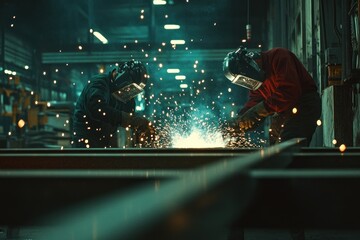 Two welders working on a metal beam in a factory. (1)