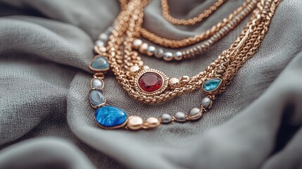 Fototapeta premium A trendy mix of bold and delicate layered necklaces on a neutral linen fabric, featuring gold, silver, and gemstones.