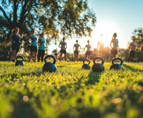 Group fitness class performing exercises with kettlebells during sunset in a park