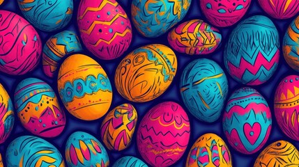 Fototapeta premium Colorful Easter eggs pattern, festive design, dark background, holiday celebration