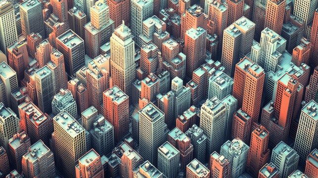 Abstract Aerial View of a Dense, Cubist Cityscape in Warm and Cool Tones