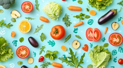 A joyful display of assorted vegetables and fruits scattered on a bright turquoise background showcases nature's bounty. Colors and shapes invite creativity in healthy cuisine exploration