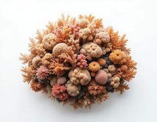 Fototapeta premium A detailed view of various coral formations in shades of peach, pink and brown on white background