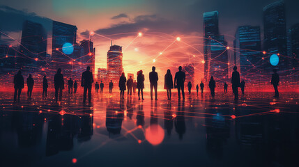 Abstract business man stands on Smart digital Innovation city with connection network reciprocity over the twilight cityscape. of future wireless digital city and social media networking systems