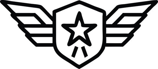 Military emblem, winged shield, star insignia, geometric design, black and white, minimalist logo, aviation symbol, patriotic icon, sharp angular shapes, stylized wings, monochrome illustration, bold 