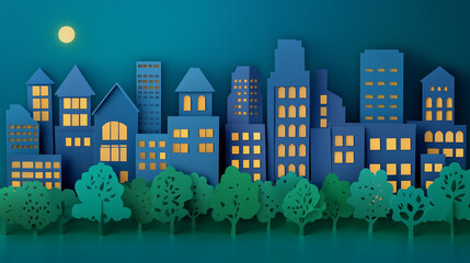 Fototapeta premium City in paper style. Silhouettes of buildings with windows and soft lighting, paper cut out effect. paper city background