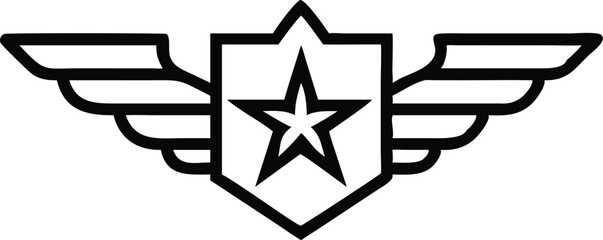 Military emblem, winged shield, star insignia, geometric design, black and white, minimalist logo, aviation symbol, patriotic icon, sharp angular shapes, stylized wings, monochrome illustration, bold  © Trustbeeit.com