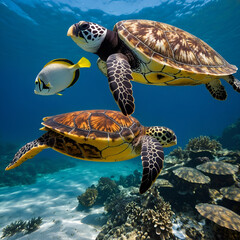 Two sea turtles swimming gracefully with a colorful fish in a vibrant coral reef