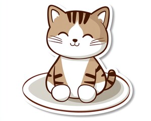 Fototapeta premium Happy tabby cat sitting on mat, white background, cute pet illustration, kids book