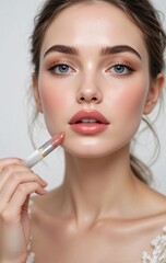 a beautiful perfect white woman use lipstik