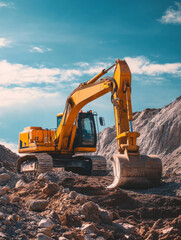 Obraz premium Construction machinery operates on a rugged terrain under a bright blue sky during daylight hours