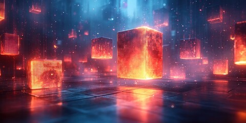 Fototapeta premium Futuristic Abstract Geometric Shapes on Dark Background with Neon Lights and Reflections