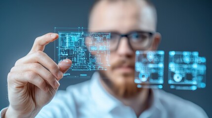 Man in glasses examining blueprint, detailed architectural plans and project development