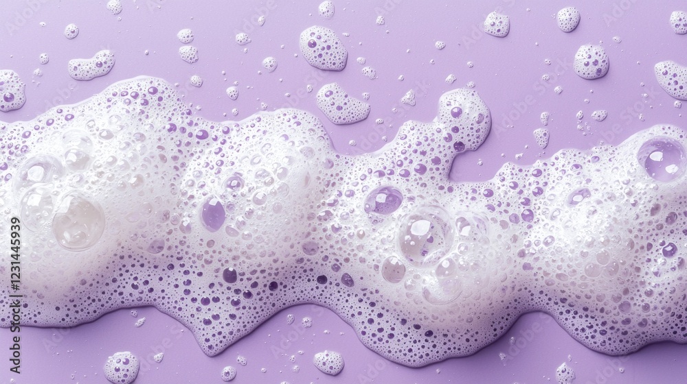 Poster light, airy bubbles float gracefully on a smooth purple foam, reflecting gentle light. this delicate