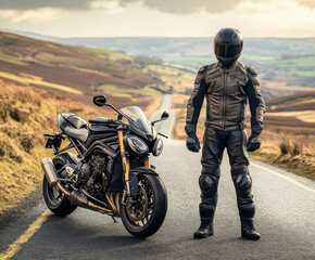 Fototapeta premium Motorcyclist in black gear stands next to sports bike on winding road through scenic countryside at sunset